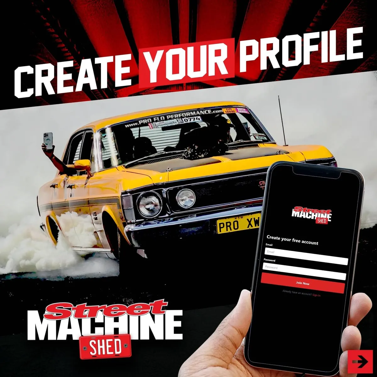 Creating a profile in Street Machine Shed on a phone