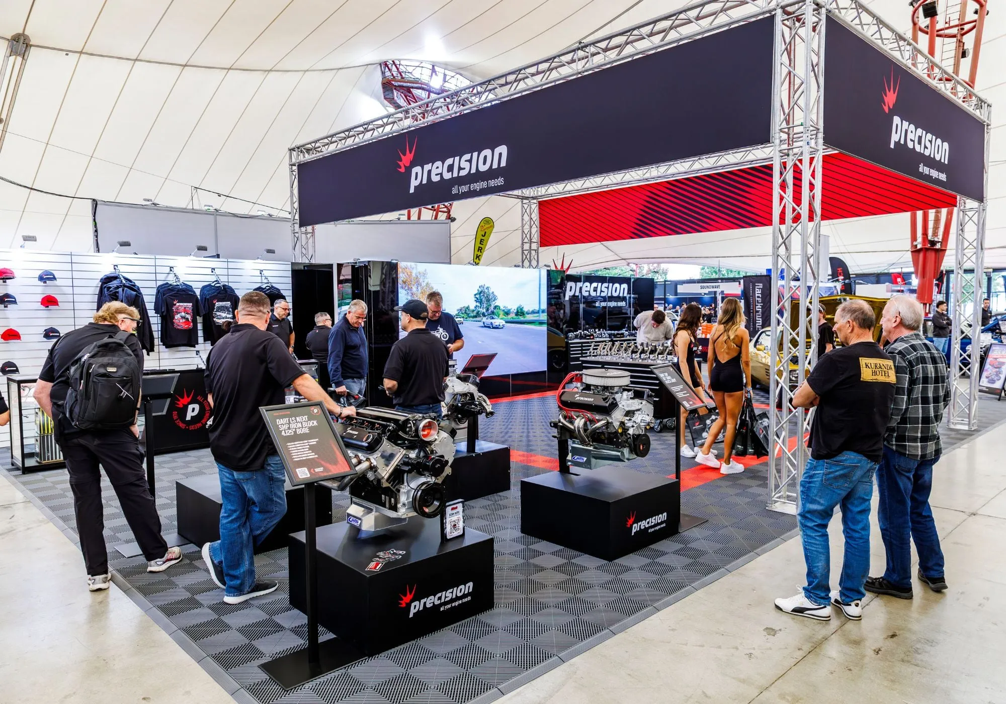 An engine and parts display on a trade stand at MotorEx